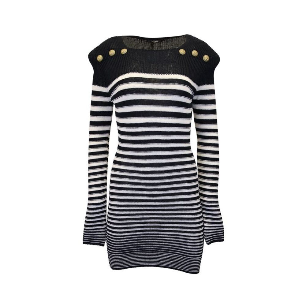 Balmain Sailor Style Knitted Striped Dress in Navy Blue Polyamide